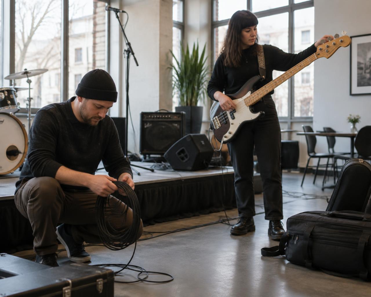 Two musicians soundchecking at a daylit venue, one coiling a cable while the other tunes a bass