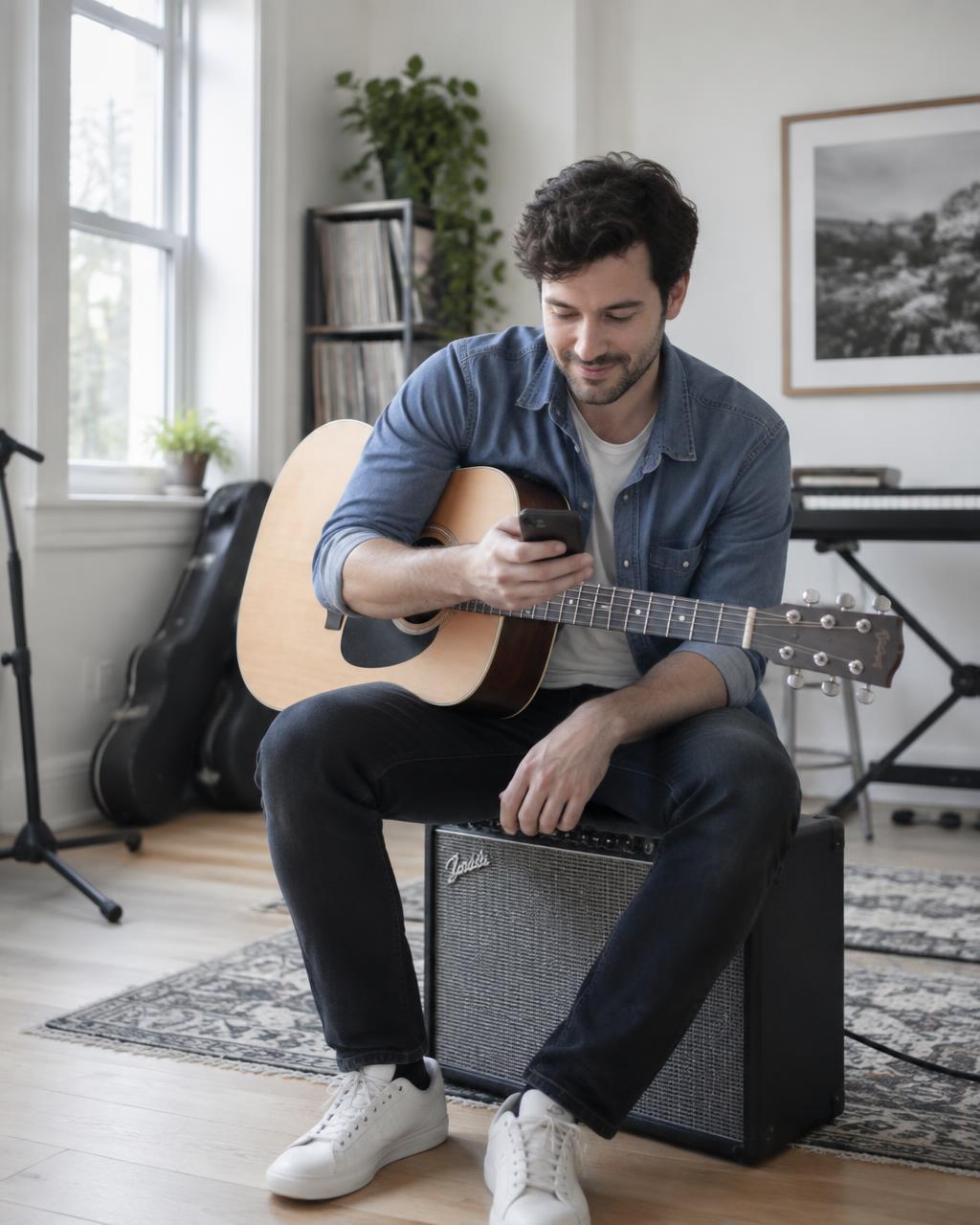 Guitarist sitting on an amp in a bright rehearsal room, smiling at his phone
